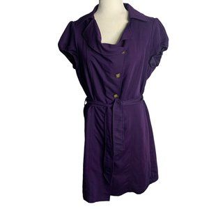 Limited Button Up Shift Dress 12 Purple Tie Belt Short Sleeve Collar Knee Length